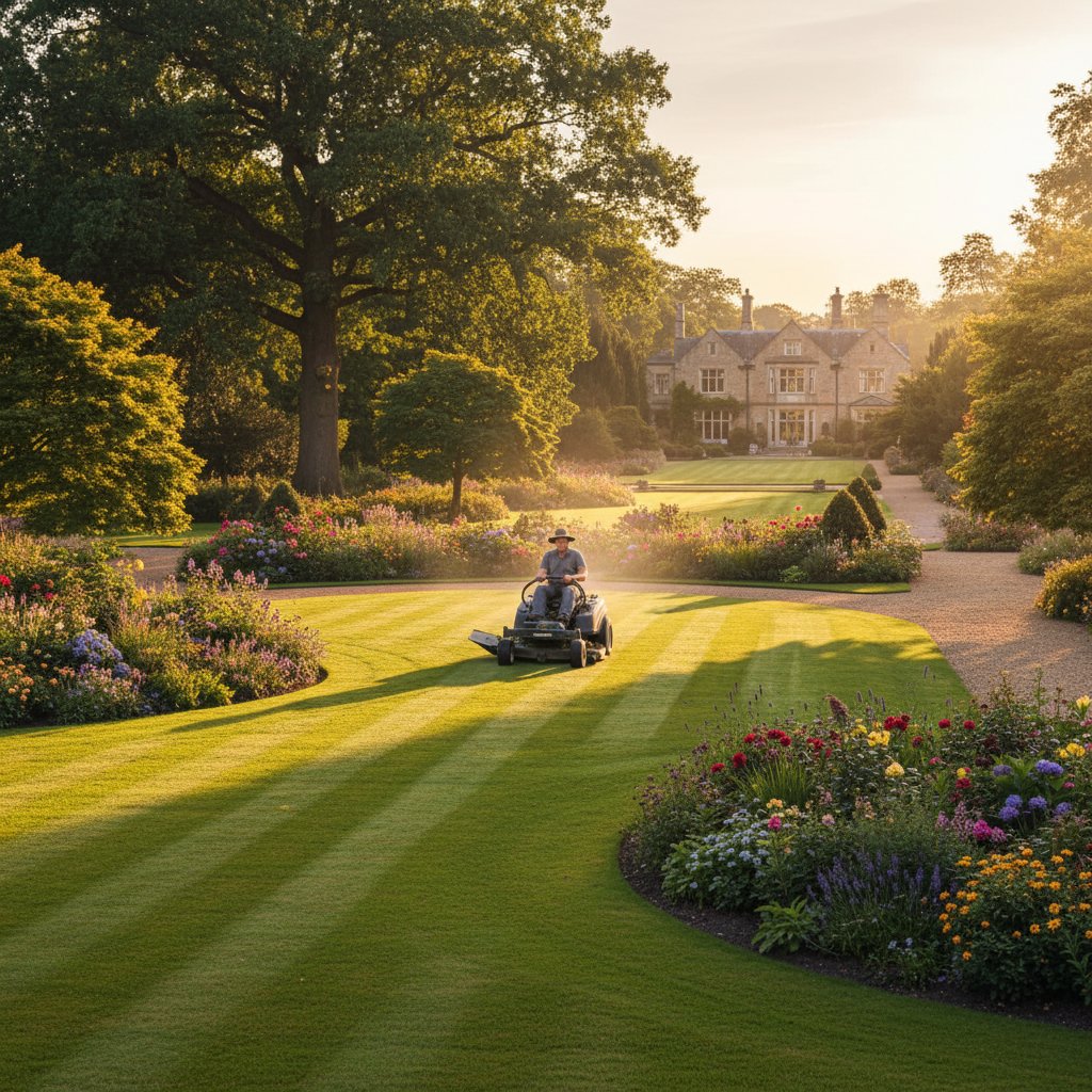 Large garden with professional maintenance equipment and landscaping tools